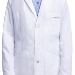 man wearing white lab coat with buttons